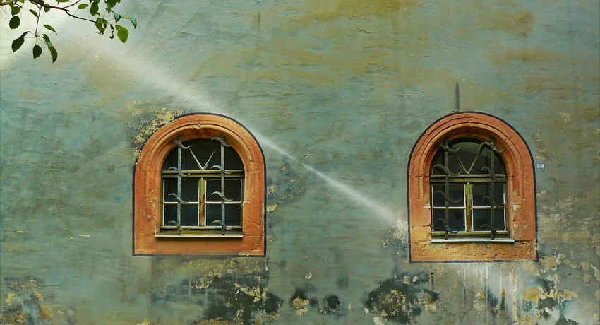 groene aanslag verwijderen - Two arched lattice windows on a weathered historic facade with rustic charm.
